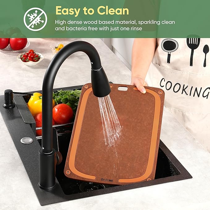Wood Fiber Cutting Board for Kitchen - Premium Wood Fiber Cutting Board with Juice Groove and Non-slip Feet, Dishwasher Safe, Knife-Friendly Chopping Board for Meat, Bread, Fruit, 17.3”x12.8”, Brown