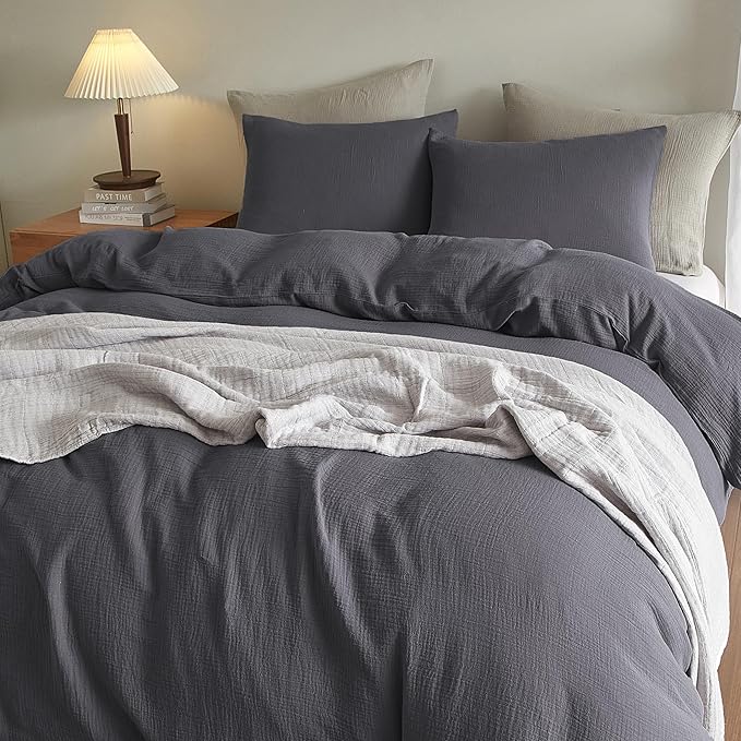 SE SOFTEXLY Muslin Duvet Cover California King Size, 100% Washed Cotton Duvet Cover Set, Ultra Soft Comforter Cover Linen Like, 3 Pieces Gauze Duvet Cover with 2 Pillowcases, 98"x104", Dark Grey