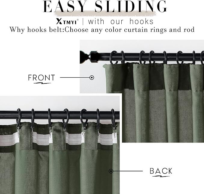 XTMYI Olive Green Curtains 63 Inch Length for Living Room 2 Panels Set Back Tab Hooks Pleated Linen Blend Light Filtering Semi Sheer Curtain Drapes for Dining Room Bedroom Kitchen Bathroom Boho Decor