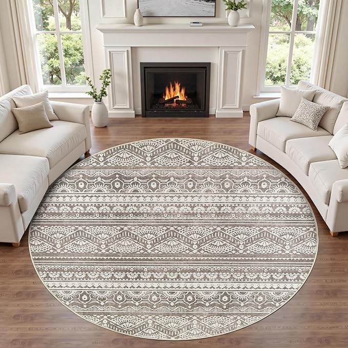 Tortania 10' Round Area Rug Living Room Rugs - Washable Large Soft Neutral Boho Moroccan Bohemian Farmhouse Rug Indoor Floor Carpet for Bedroom Under Dining Table Home Office Decor - Dark Brown