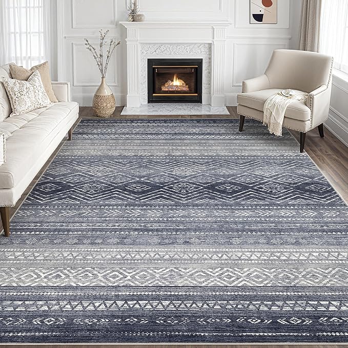 Tortania Area Rug Living Room Rugs- 8x10 Washable Large Soft Neutral Boho Moroccan Bohemian Farmhouse Rug Indoor Floor Carpet for Bedroom Under Dining Table Home Office Decor - Blue Gray