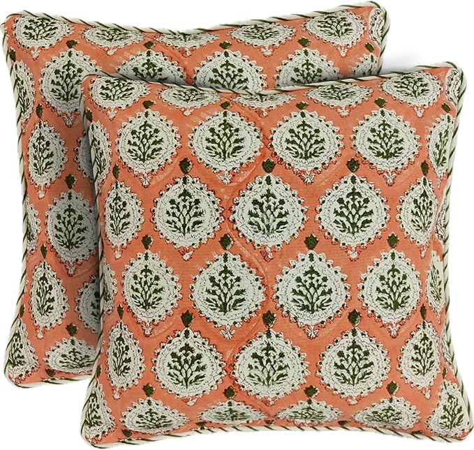 ATOSII Block Print Throw Pillow Covers, 20 X 20 - Set of 2, Decorative Couch Pillows for Living Room Bed Sofa, 100% Cotton Canvas Pillow Case for Home Decor & Outdoors, Preppy Throws - Kari