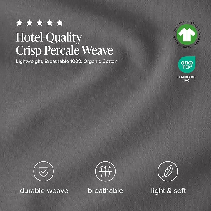 Bare Home 100% Organic Cotton Twin XL Sheet Set - Crisp Percale Weave - Lightweight & Breathable - Bedding Sheets & Pillowcases (Twin XL, Grey)