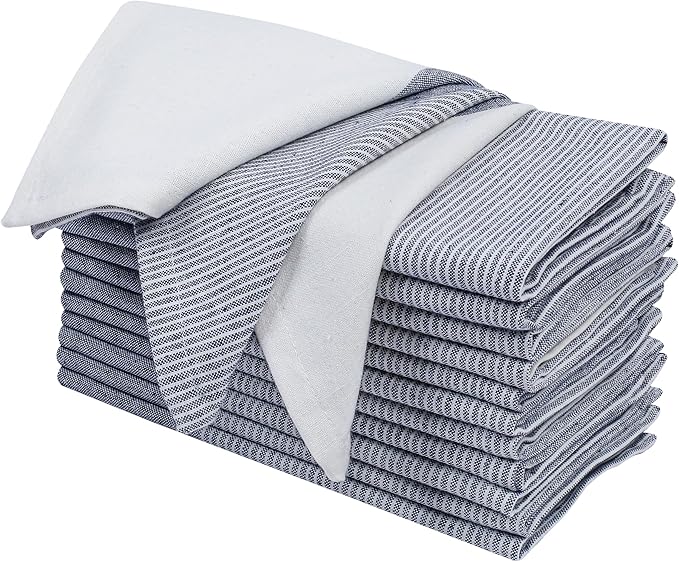 Ramanta Home Cloth Napkins Set of 12 - Denim Blue, 18x18 Inches - Spring Basket Decor Block Striped Dinner Napkins for Easter Farmhouse Wedding, Washable Soft Cotton Durable Table Linen -Everyday Use