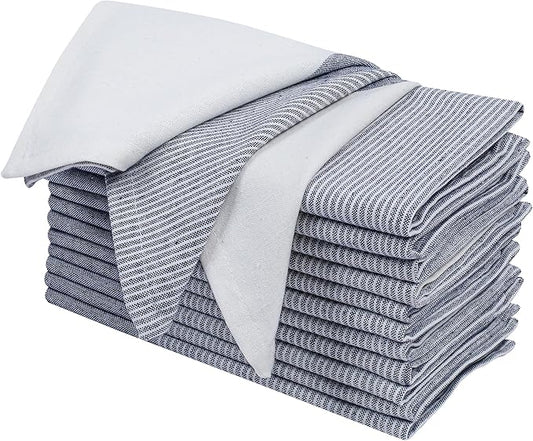 Ramanta Home Cloth Napkins Set of 12 - Denim Blue, 18x18 Inches - Spring Basket Decor Block Striped Dinner Napkins for Easter Farmhouse Wedding, Washable Soft Cotton Durable Table Linen -Everyday Use