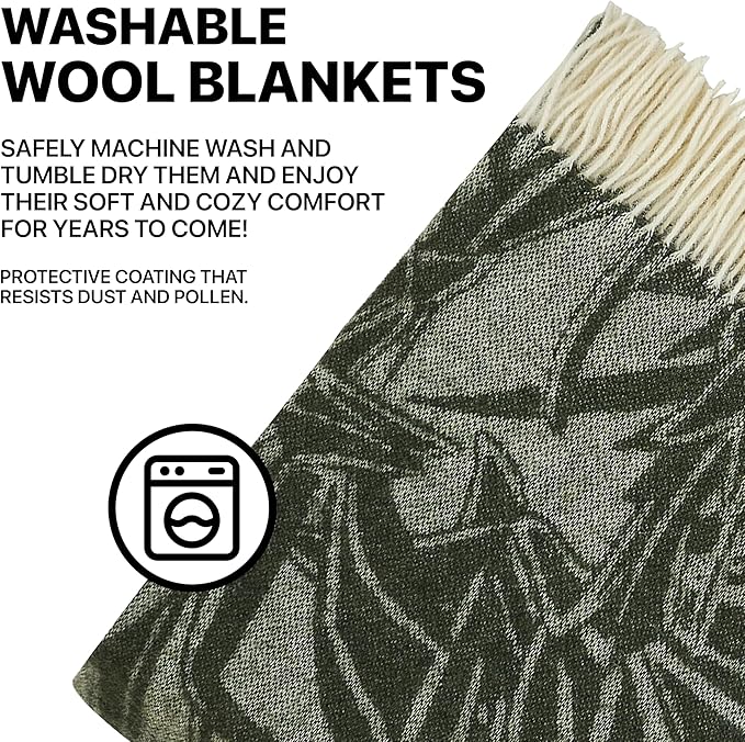 | Wool Blanket/Throw | 100% New Zealand Wool | Perfect for Home and Outdoors | Virgin Wool Blanket with Fringes 55"x79" (140 x 200 cm) (Emerald Leaves)