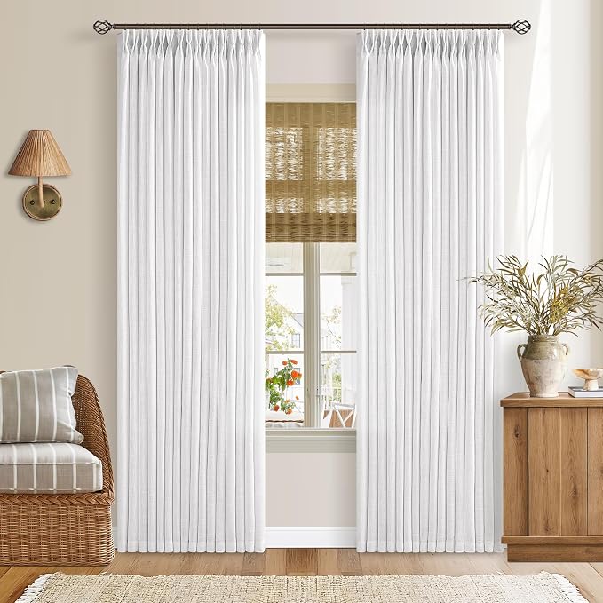 Extra Long White Linen Curtains 120 Inches Long Modern Neutral Curtain 10 Foot Light Filtering Semi Sheer Back Tab Pinch Pleat Curtain for Tall Ceiling Living Room 2 Panels 50 by 120 Inch Length
