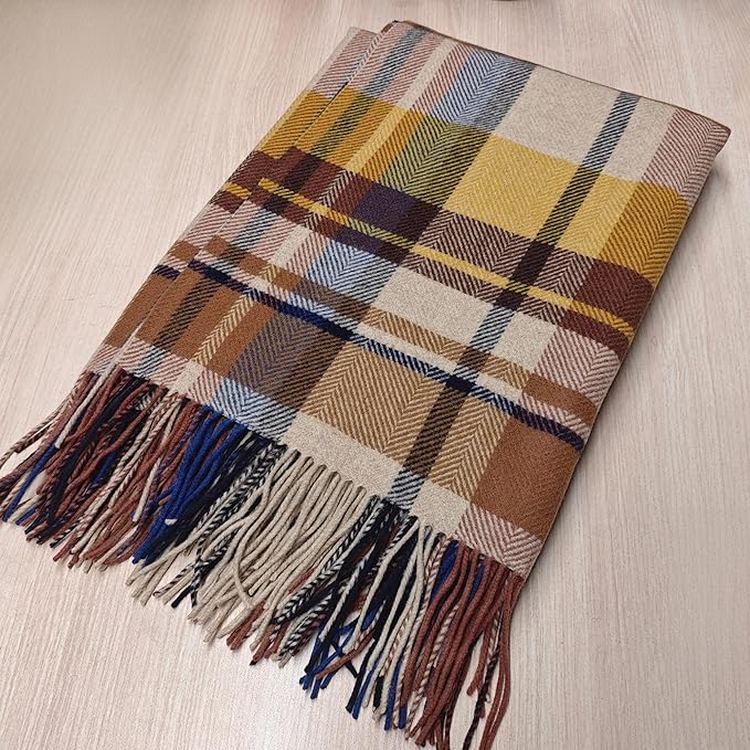 Soft Pure Wool Throw Blanket, Lightweight Warmth, 55"x83", Plaid, Fringe, Compact with Bag, Useful Gift for Women Men, All Season Decorative Cozy Travel Blanket for Couch Bed, Outdoors