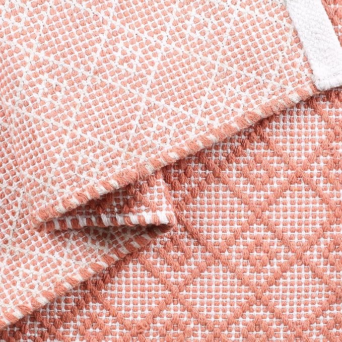 Cotton Diamond Woven Runner Rug 2x6 Feet - Dusty Pink, Anti Slip Farmhouse Geomatric Pattern Floor Area Runners Ideal for Hallways, Kitche, Laundry Room | Peach Nursery Patio Décor Mats for Home Space