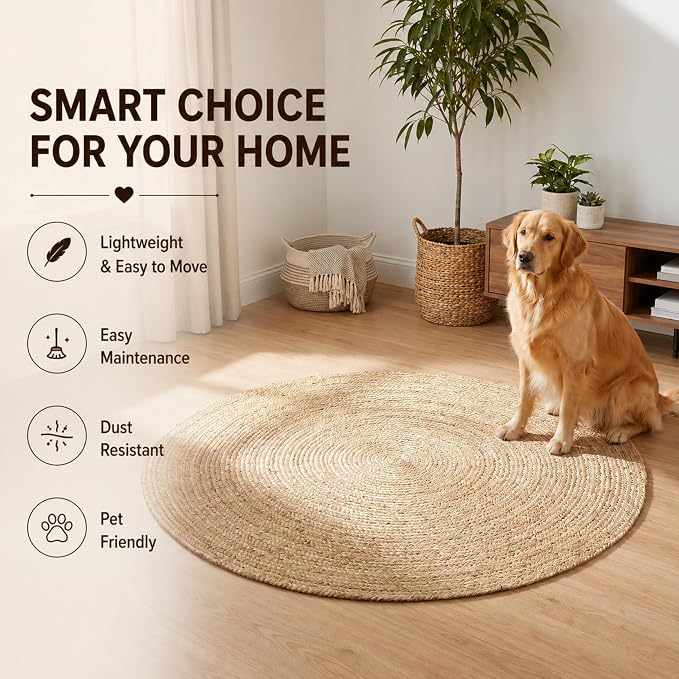 THE BEER VALLEY Jute Braided Area Rug 4 Feet Round - Natural | Reversible Handwoven Farmhouse Circle Rugs for Living Room, Bedroom, Nursery, Kitchen - Rustic Floor Mat for Porch Décor