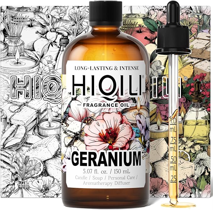 HIQILI Geranium Fragrance Oil for Diffuser & Soap Making - 5.07 Fl Oz | Essential Oil for Candle & Body Lotion Making, Long-Lasting Scents, Car Freshies - 150 ML