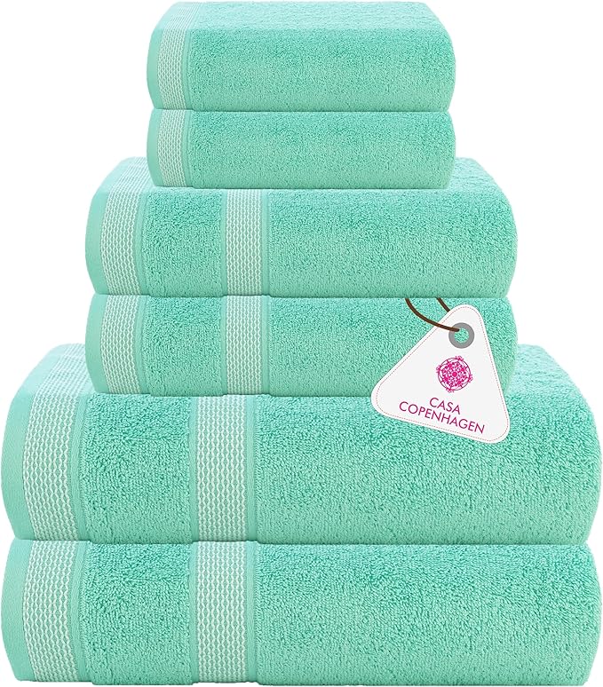 CASA COPENHAGEN Solitaire 6Pcs 100% Egyptian Cotton Large Designer Towels Gift Set- Aquamarine, 600GSM, 2Bath 2Hand 2Washcloths, Bath Towels for Bathroom Set for Women & Men