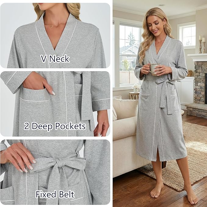 U2SKIIN Womens Organic Cotton Robe, Lightweight Long Kimono Bathrobe for Women, Soft Spa Lounge Sleepwear with Pockets