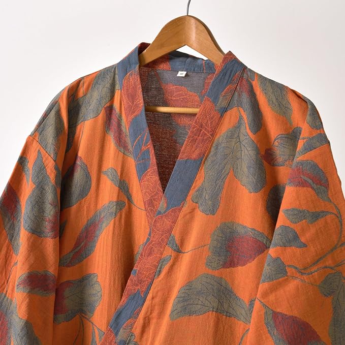 100% Cotton Gauze Ginkgo Leaf Kimono Robe, Long Knit Loose Bathrobe Nightgown Ladies Loungewear Sleepwear for Women