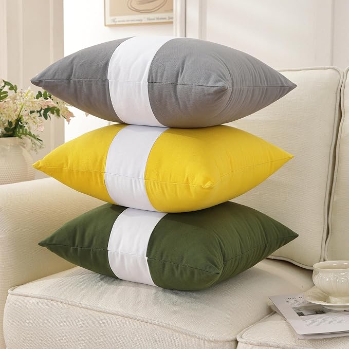 TAOSON Set of 2, Black 100% Cotton Canvas Patchwork Throw Pillow Covers 18x18 Inch, Modern White Striped Farmhouse Decor Cushion Covers for Sofa Couch Bedroom Living Room