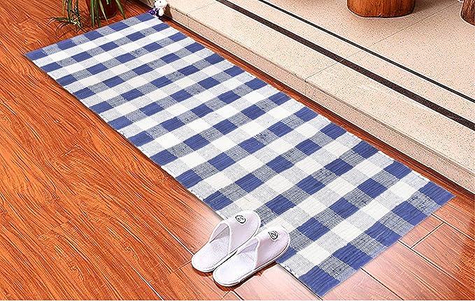 GLAMBURG Cotton Reversible Area Runner Rug 2' x 6' for Bedroom Living Room Kitchen Hallways Front Porch Laundry Room, Handwoven Farmhouse Floor Mat, Washable Checkered Plaid Runner Rug Blue White