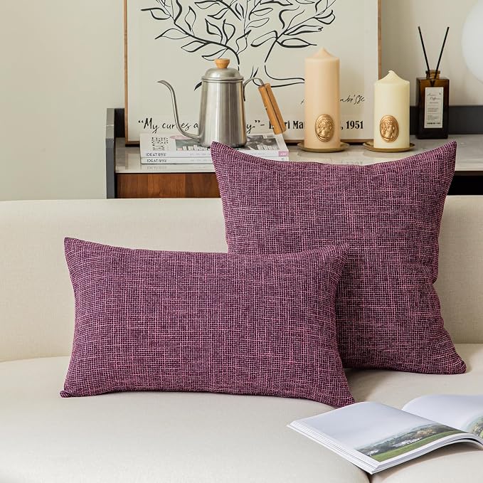 Kevin Textile Set of 2 Decorative Throw Pillow Covers Faux Linen Cushion Covers for Bed Couch Sofa, 22x22 inches(55cm), Red Purple