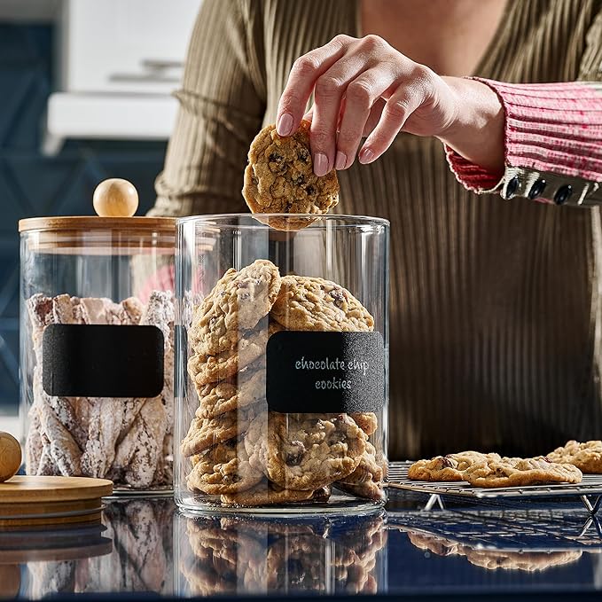 Le'raze Set of 2 Glass Canisters for Kitchen Counter with Airtight Bamboo Lids + Marker & Labels - 68oz. Large Cookie Jars Wooden Lid, Food Storage Containers Pantry, Flour, Sugar, Pasta, Candy.