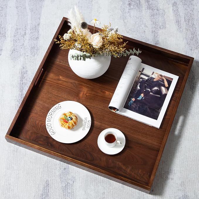 26 x 26 inches Large Square Solid Black Walnut Wooden Serving Tray Oversized Ottoman Table Platter Decorative Tray with Handle for Home Breakfast in Bed Tea Coffee