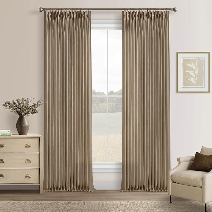 Pinch Pleated Linen Curtains 90 Inches Long 2 Panels for Living Room Bedroom Light Taupe Brown Farmhouse Boho Semi Sheer Privacy Pleat Drapes 90 Inch Length Back Tab Linen Blend Curtain for Patio Door