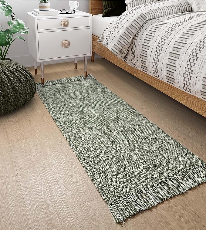 Collive Hallway Runner Rug, 2' x 5' Soft Washable Kitchen Runner Rug, Olive Green/Cream Contemporary Modern Laundry Room Rugs Indoor Hand-Woven Cotton Carpet for Bedroom Entryway Front Door Farmhouse