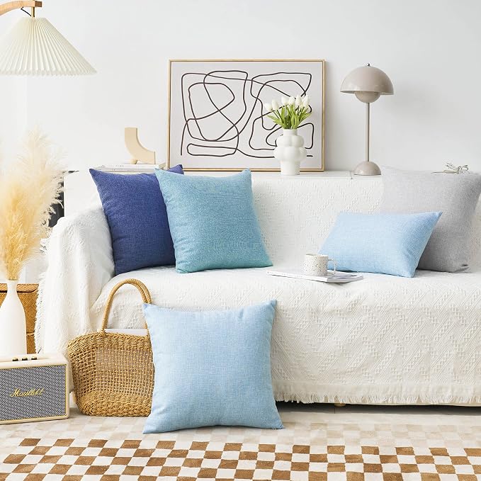 Home Brilliant 2 Pack Decorative Linen Throw Pillow Covers 20 x 20 Farmhouse Pillowcases for Patio Furniture Sofa, 20x20 inch(50x50cm), Light Blue