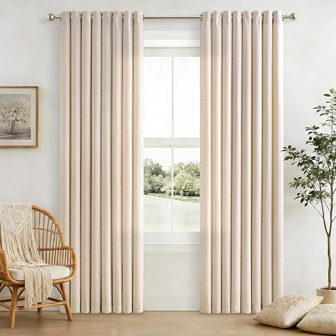 84 Inch Length 2 Panels Set Natural Linen Curtains Light Filtering Semi Sheer Grommet Drapes Thick Linen Privacy Non-See-Through Curtain for Living Room 52x84
