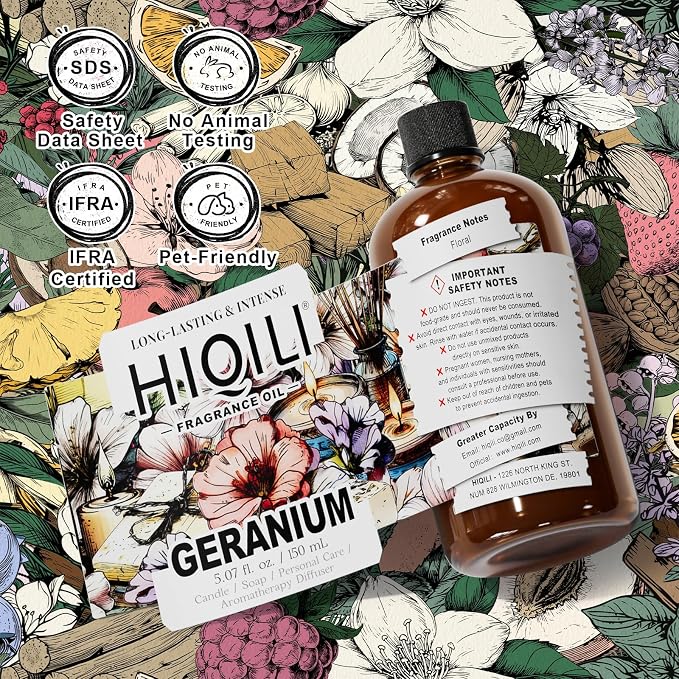 HIQILI Geranium Fragrance Oil for Diffuser & Soap Making - 5.07 Fl Oz | Essential Oil for Candle & Body Lotion Making, Long-Lasting Scents, Car Freshies - 150 ML
