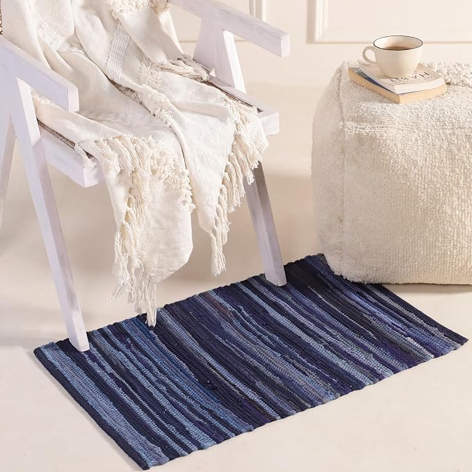 HOMEMONDE Navy Rag Rug 20"x32" Recycled Soft Cotton Chindi Rugs Hand Crafted Reversible Boho Home Decor for Entyrway, Doormat, Kitchen, Bedroom, Living Room