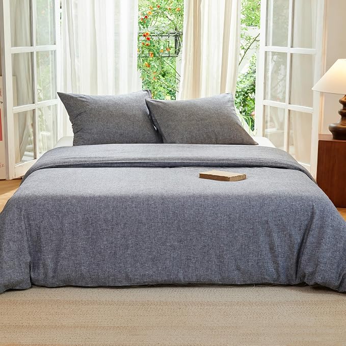 Simple&Opulence Linen Duvet Cover Set King Size - French Linen Cotton Woven Blend in Dark Grey, 3 Pieces (1 Comforter Cover 104x92” + 2 Pillowcases), Soft & Breathable All-Season Farmhouse Bedding