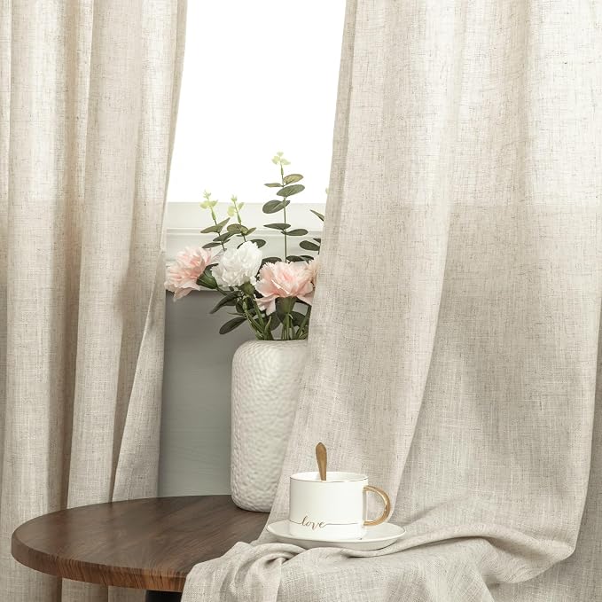 Pitalk Tan Beige Linen Curtains 105 Inches Long for Living Room 2 Panel Sets Grommet Semi Sheer Curtain Drapes for Family Room Patio Glass Sliding Door Doorway Industrial Farmhouse Decor 105 Length