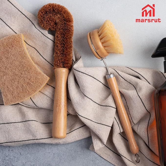 2pcs Coconut Fiber Bottle Brush, Bottle Cleaner Dish Scrubber, Eco Friendly Natural Wooden Cleaning Scrub Bristle Head for Deep Pan Kitchen Dishes Vegetable Washing, Sturdy Handle Holder, Dark Brown