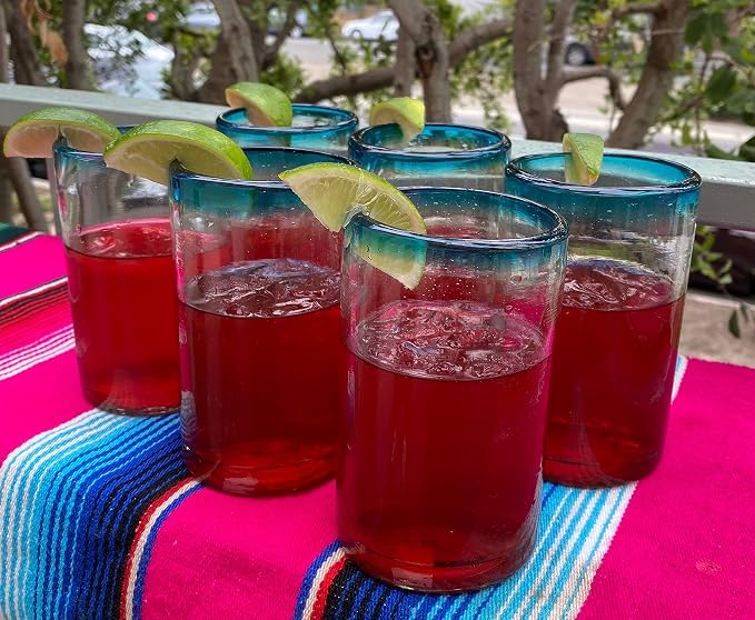 Dos Sueños Hand Blown Mexican Drinking Glasses – Set of 6 Glasses with Aqua Rims (14 oz each)
