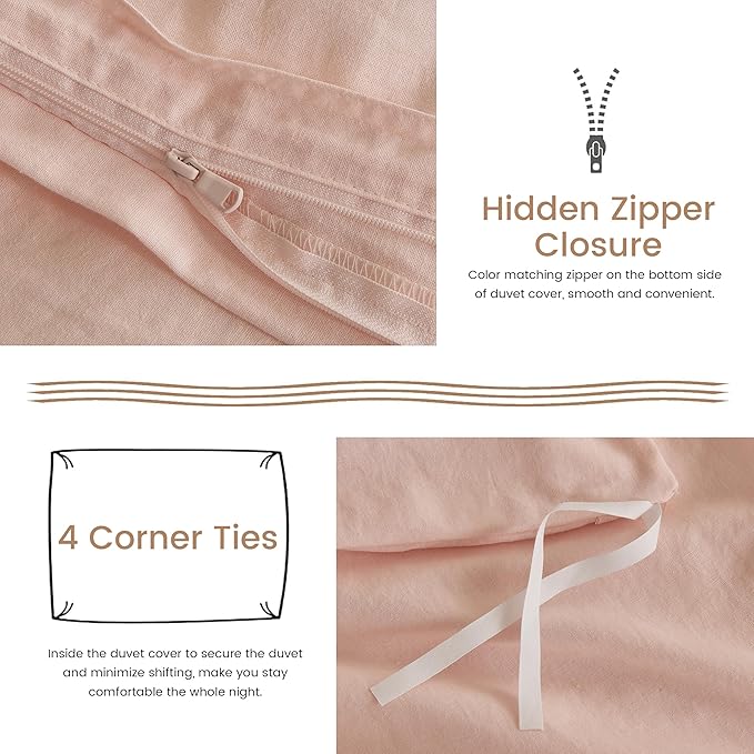 BISELINA French Linen Duvet Cover Set 3pcs with Hidden Zipper Closure Natural Flax Cotton Blend Solid Color Soft Breathable Luxury Farmhouse Bedding - Queen Size, Pale Pink