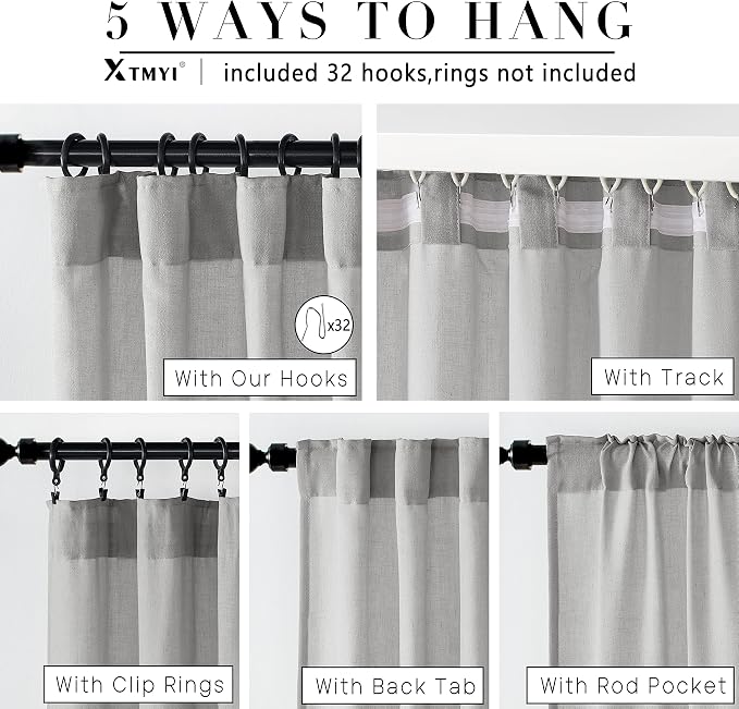 XTMYI Gray Curtains 96 Inches Long,Sheer Linen Back Tab Hooks Pleat Light Weight Modern Stylish Curtains for Living Room 96 Inch Length 2 Panel Set,Grey