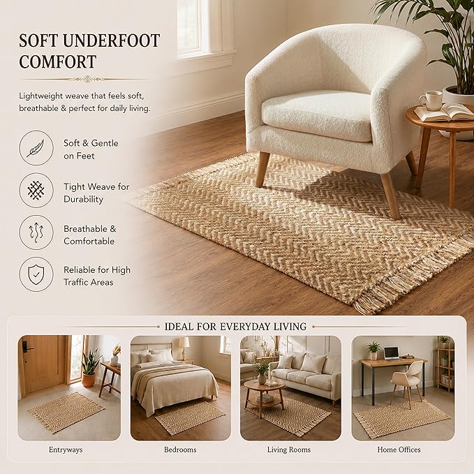 Chevron Weave with Fringes Woven Area Rug 2x3 Ft - Beige, Small Soft Decorative Reversible Front Door Mats Ideal for Entryway, Kitchen, Nursery, Office | Farmhouse Brown Accent Indoor Space Decor Mat
