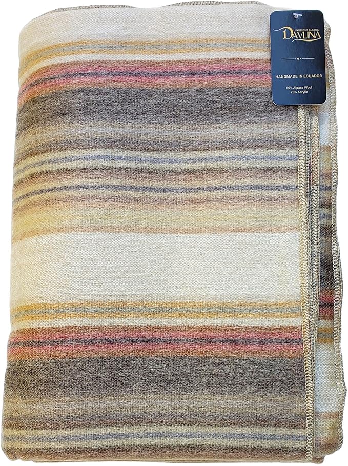 DAVLINA, Alpaca Wool Throw Blanket | Super Soft, Lightweight, Breathable and Hypoallergenic | Non-Itchy or Scratchy (Beige Brown Varicolored, Striped)