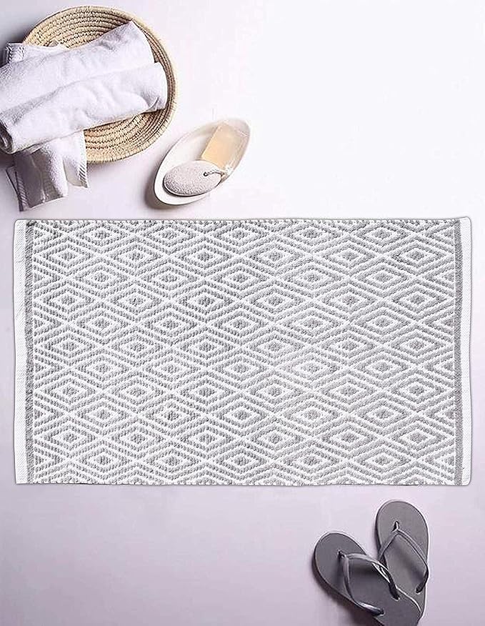 Ramanta Home 100% Cotton Diamond Handwoven Reversible Rug 21x34 Inch– Grey| Soft Washable Area Rug for Bathroom, Kitchen, Bedroom, Entryway | Durable Lightweight Handmade Accent Floor Mat | Boho Décor
