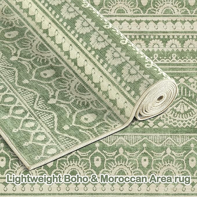 Tortania Area Rug Living Room Rugs - 5x8 Washable Large Soft Neutral Boho Moroccan Bohemian Farmhouse Rug Indoor Floor Carpet for Bedroom Under Dining Table Home Office Decor - Green