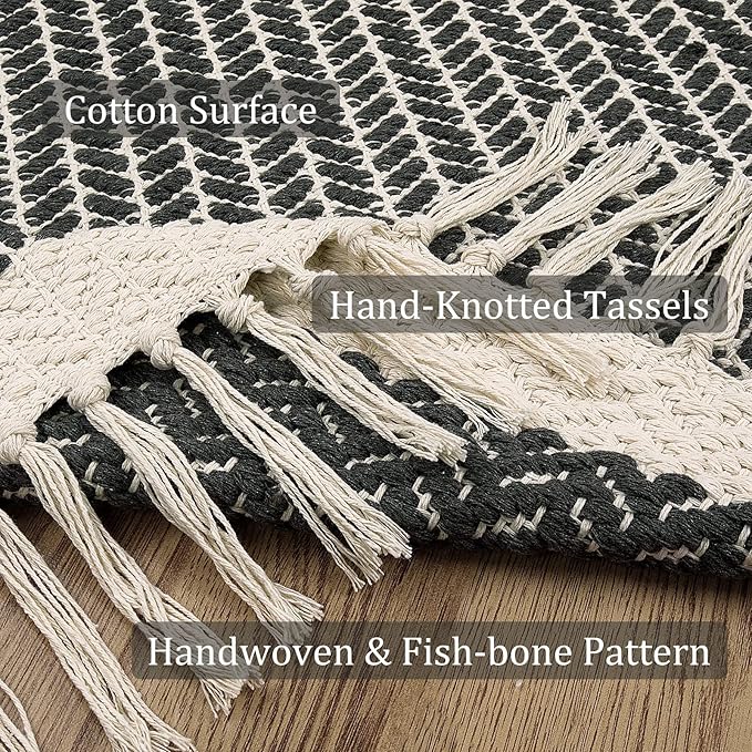 Lahome Belle Boho Bathroom Rugs, Small 2x3 Entry Rug Washable Front Door Bath Mat Woven Cotton Area Rug with Tassels, Farmhouse Non Shedding Lightweight Grey Throw Rug Low Pile Carpet for Kitchen