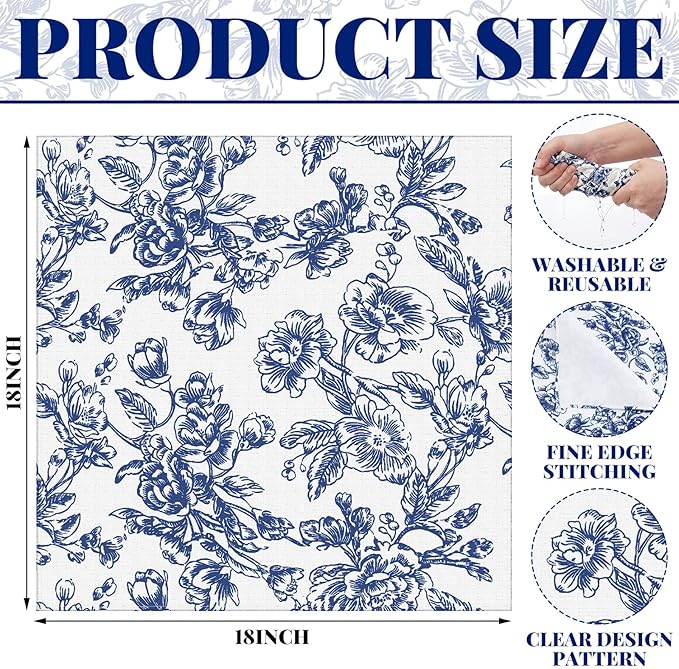 Mindsoft 12 Pack Blue Floral Cloth Napkins 18x18 Inch Reusable Linen Cotton Dinner Napkins Vintage Blue and White Table Napkin Cloth for Wedding Banquet Bridal Party Supplies