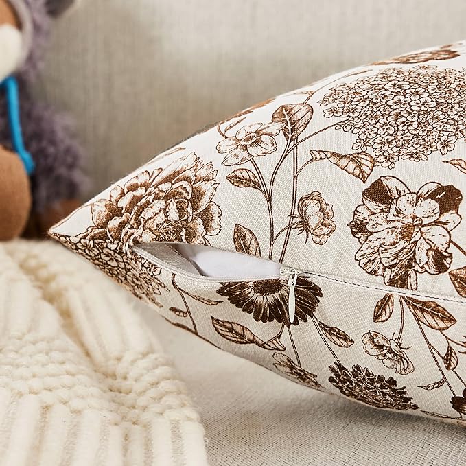 100% Cotton Botanical Lumbar Throw Pillow Covers Set of 2, 12x20 Inch Brown, Farmhouse Double-Sided Floral Print Decorative Cushion Covers Pillow Cases Boho Home Decor
