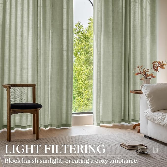 Light Green Curtains 112 Inch Length 2 Panels Set Grommet Ring Top Linen Curtains Extra Long Custom Farm House Lightweight Semi Sheer Privacy Light Filtering Curtain for Patio Sliding Glass Door