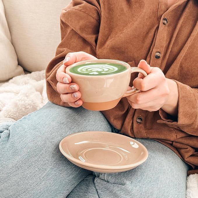 MORA Ceramic Latte Art Mug With Saucer - 10.5 oz, Round Bottom For Perfect Pours - Cafe Cups for Cappuccino, Espresso, Coffee, Tea etc - Porcelain Set for Baristas, Great Gift - Chai Latte