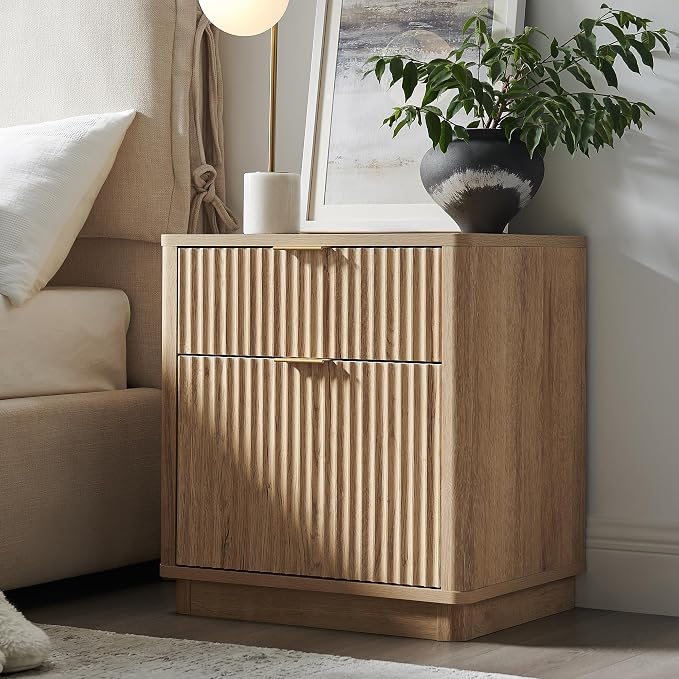T4TREAM 23'' Fluted Nightstand Set of 2 with Charging Station, Large 2 Drawer Side Table, Modern End Table with Storage, Mid Century Bedside Table for Bedroom, Living Room, Curved Profile, Natural Oak
