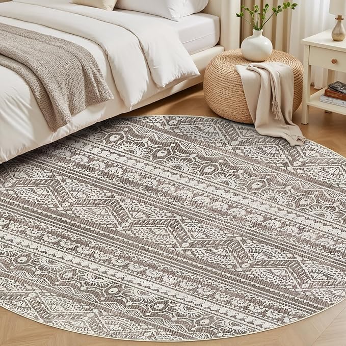 Tortania 10' Round Area Rug Living Room Rugs - Washable Large Soft Neutral Boho Moroccan Bohemian Farmhouse Rug Indoor Floor Carpet for Bedroom Under Dining Table Home Office Decor - Dark Brown