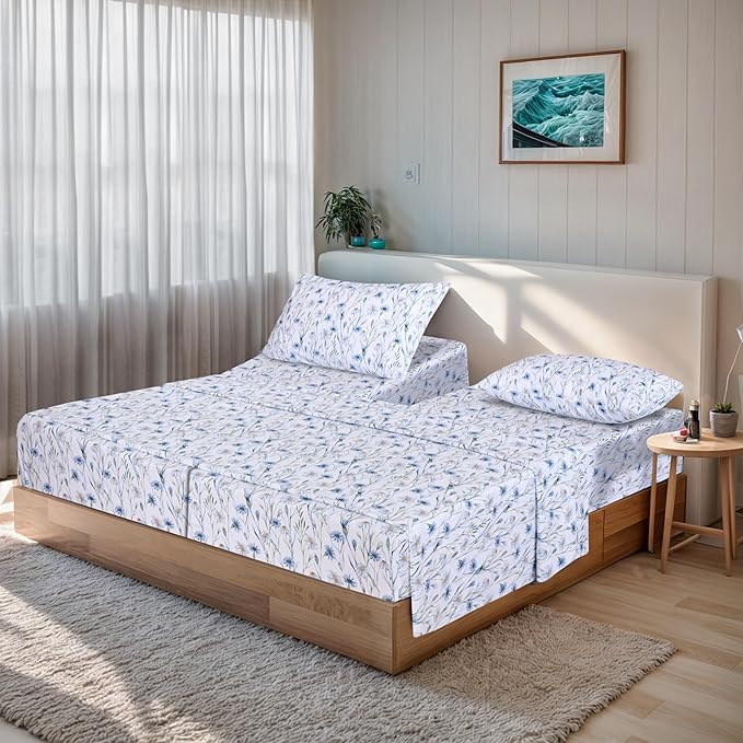 RUVANTI 100% Cotton Organic Percale Sheets Split King Size – Crisp Cooling Bed Sheets for Hot Sleepers, Deep Pocket 15”, Soft Peach Finish, Breathable & Durable Hotel-Style 5 Pcs, Daisy Bud