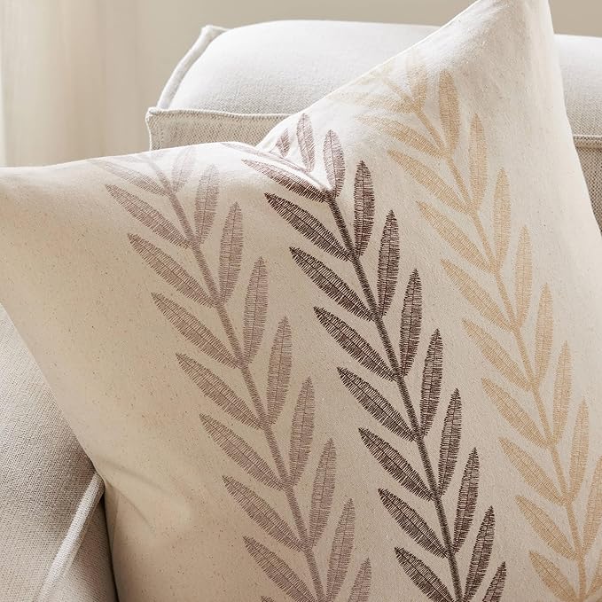 100% Cotton Farmhouse Leaves Throw Pillow Covers Set of 2, 24x24 Inch Mixed Beige Pastoral Decorative Print Cushion Covers for Sofa Bed Living Room Home Decor