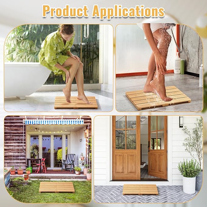 Foldable Bamboo Bath Mat for Shower, 19.68" x 14.17" in Non-Slip Wood Bathroom Rug, Quick-Dry Waterproof Carpet for Indoor Outdoor Use by Sink, Tub, Pool