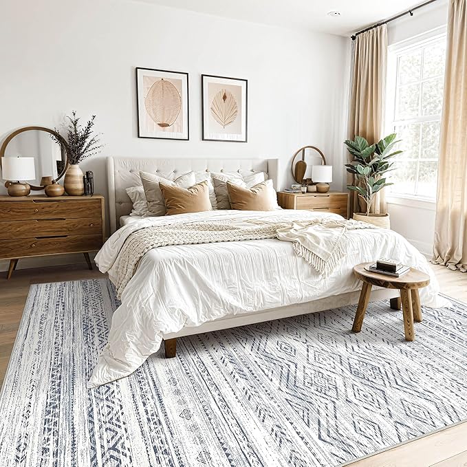 Tortania Area Rug Living Room Rugs- 9x13 Washable Large Soft Neutral Boho Moroccan Bohemian Farmhouse Rug Indoor Floor Carpet for Bedroom Under Dining Table Home Office Decor - Dark Blue